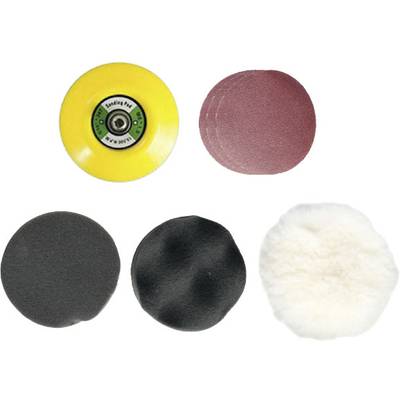 'Five polishing discs of different materials: yellow, red, black, white and wool. For grinding and polishing work.'