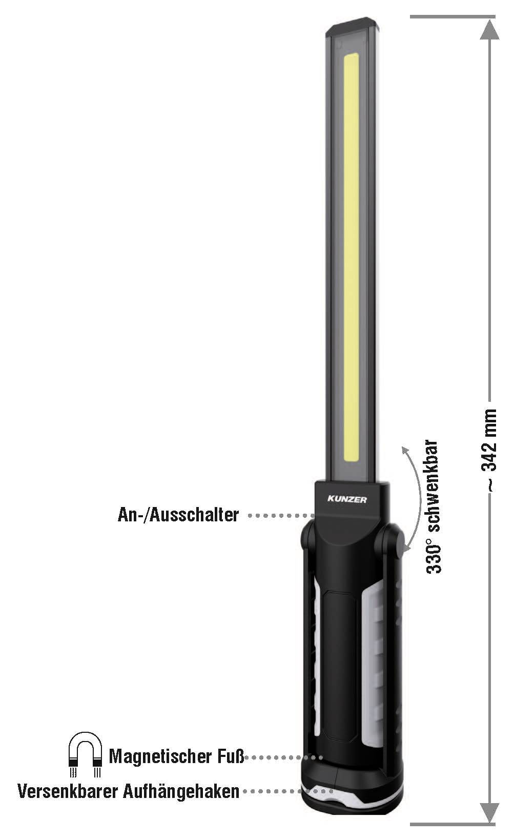 Long work light with pivoting 338° head, on/off switch and hook. Dimensions: 342 mm. Magnetic base for flexible positioning.