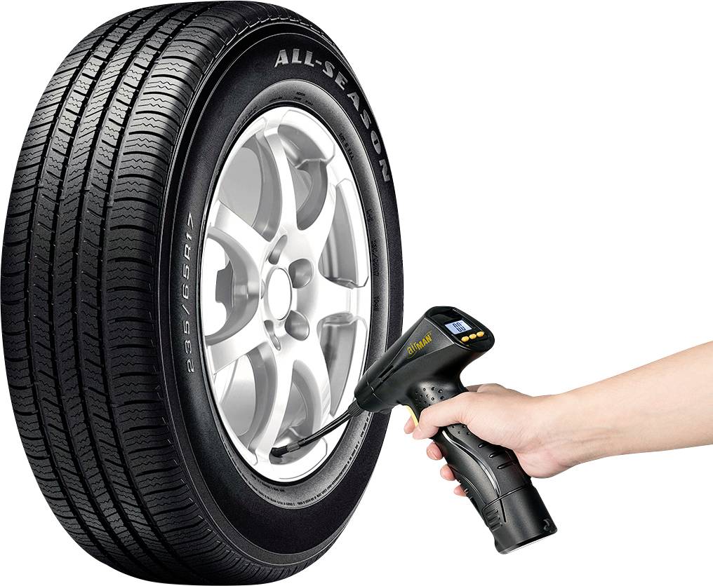 A tyre with 'All-Season' printed on it, alongside a hand placing a digital tyre pressure gauge against the valve.