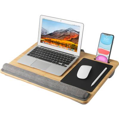 A laptop with a mountain landscape background, a mouse, a pen and a smartphone on a portable wooden laptop stand.