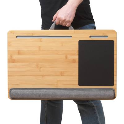 A person carries a portable bamboo laptop desk with a mouse pad, handle, and padded base. Ideal for comfortable laptop use while on the move.
