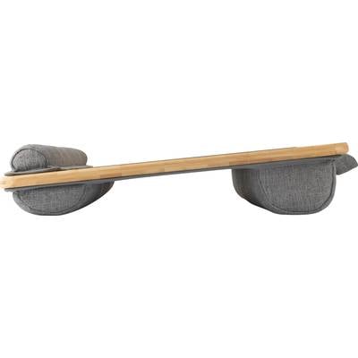 Grey fabric knee support cushion with an attached wooden tablet surface, perfect for comfortable laptop or tablet work while seated.