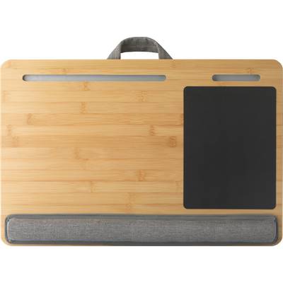A portable wooden lap desk with a grey cushion underneath, mouse pad on the right. Perfect for comfortable working on the sofa.
