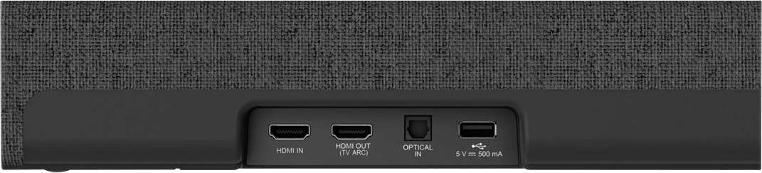 Back of a soundbar with the following connections: HDMI IN, HDMI OUT (TV ARC), OPTICAL IN and USB (5V, 500 mA).