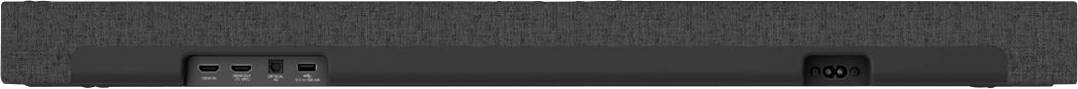 Black soundbar rear with HDMI, USB, and mains connection.