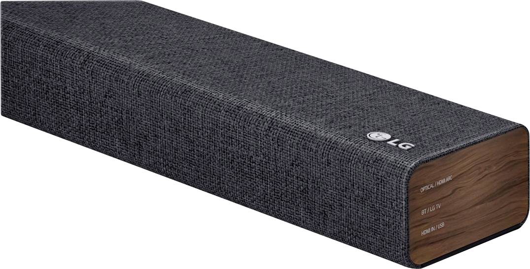 Grey LG soundbar with wooden details on the sides, supporting Dolby Atmos, DTS:X and HDMI ARC for enhanced sound quality.