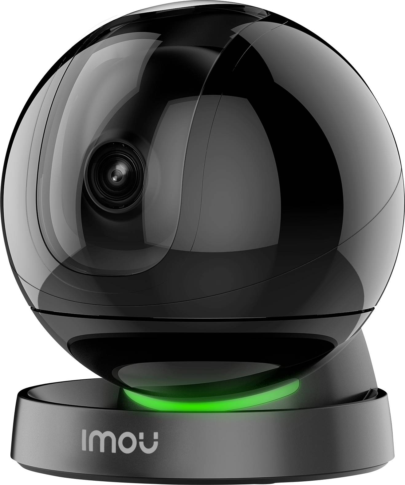A black surveillance camera in a spherical design on a round base with a glowing green ring at the base.