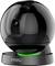 A black surveillance camera in a spherical design on a round base with a glowing green ring at the base.