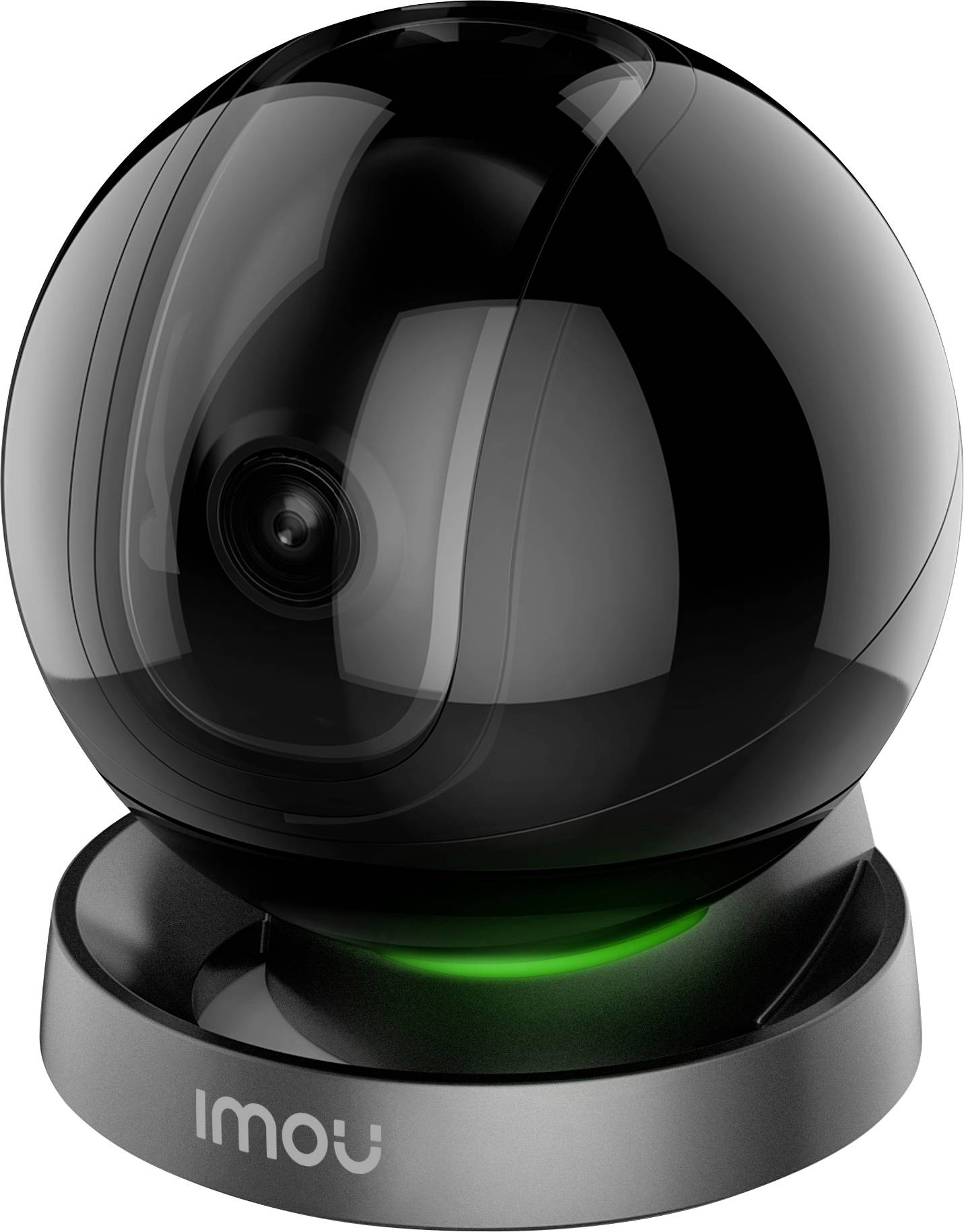 A black, spherical surveillance camera on a base with a green light ring, brand name 'imou' visible underneath.
