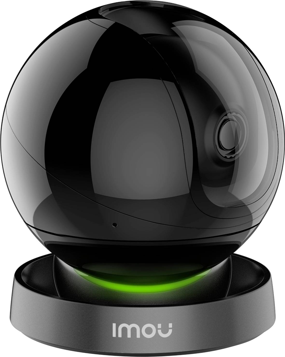Black, spherical surveillance camera on a round base with green light, brand name 'imou' visible on the base.