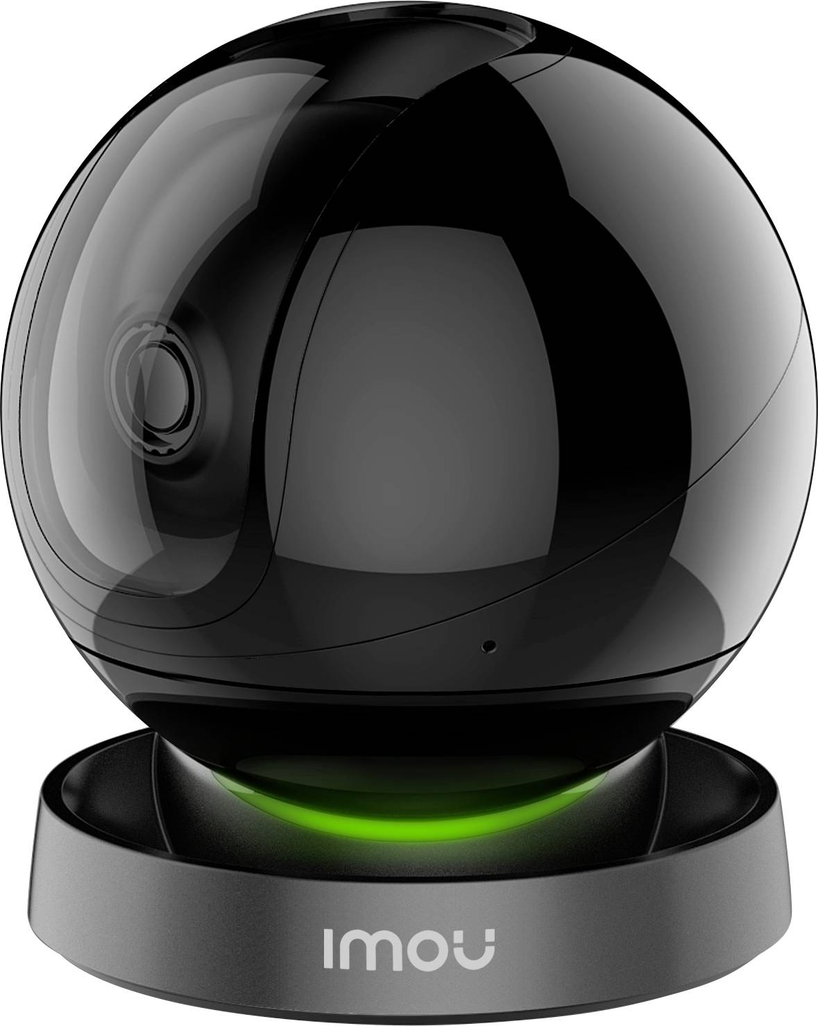 Black, spherical surveillance camera on a base plate with a green light ring, brand name 'Imou' on the front.