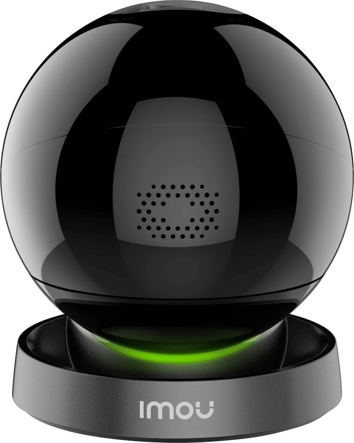 A black, spherical security camera on a base with a green light ring.
