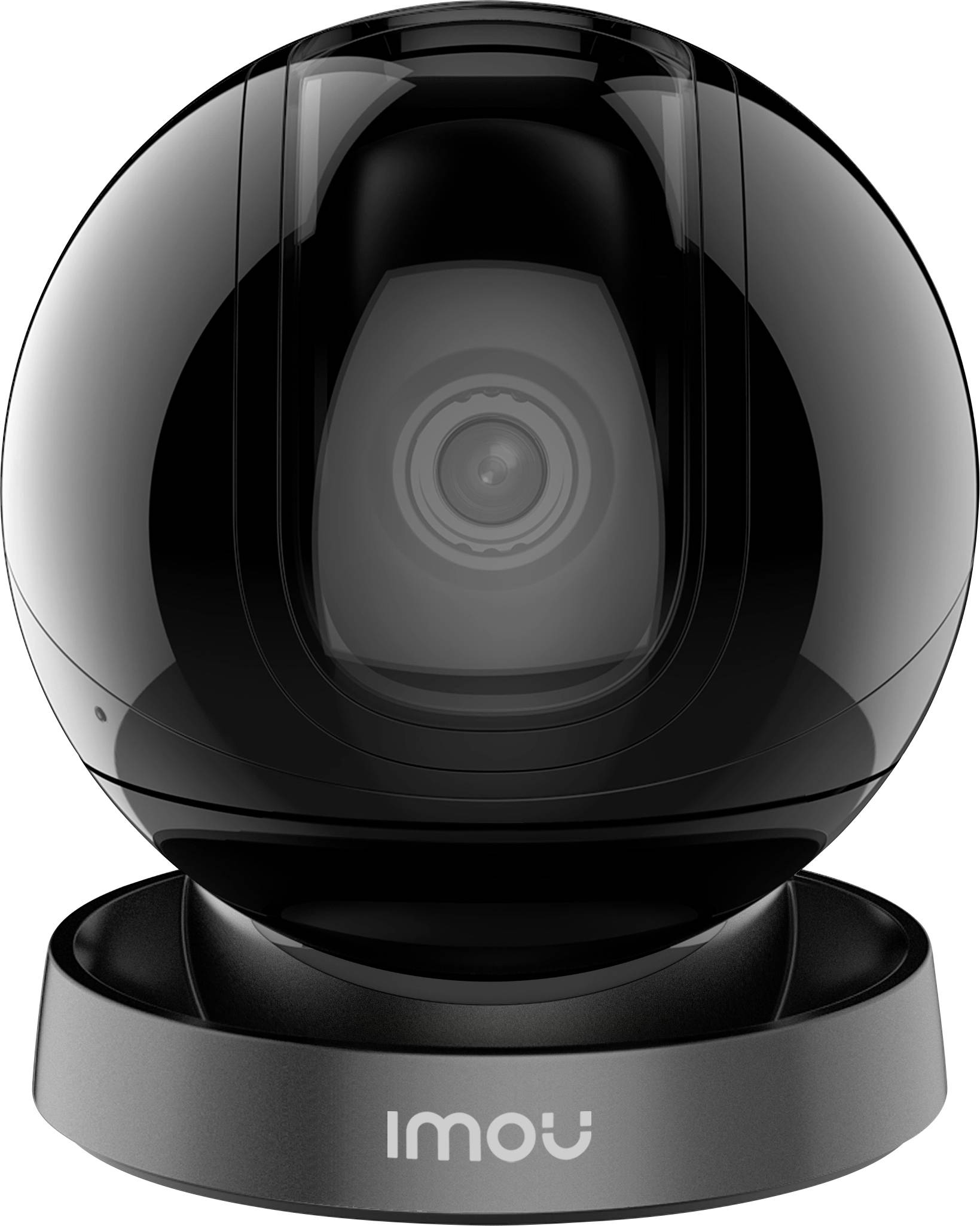 Black security camera in a circular form with a lens in the centre, mounted on a rotatable base with the brand name 'Imou'.