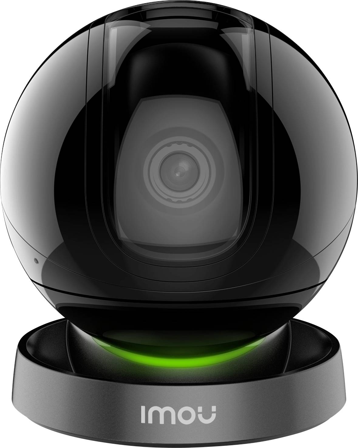 Black surveillance camera in a spherical design on a stand, with a green-illuminated ring at the base.