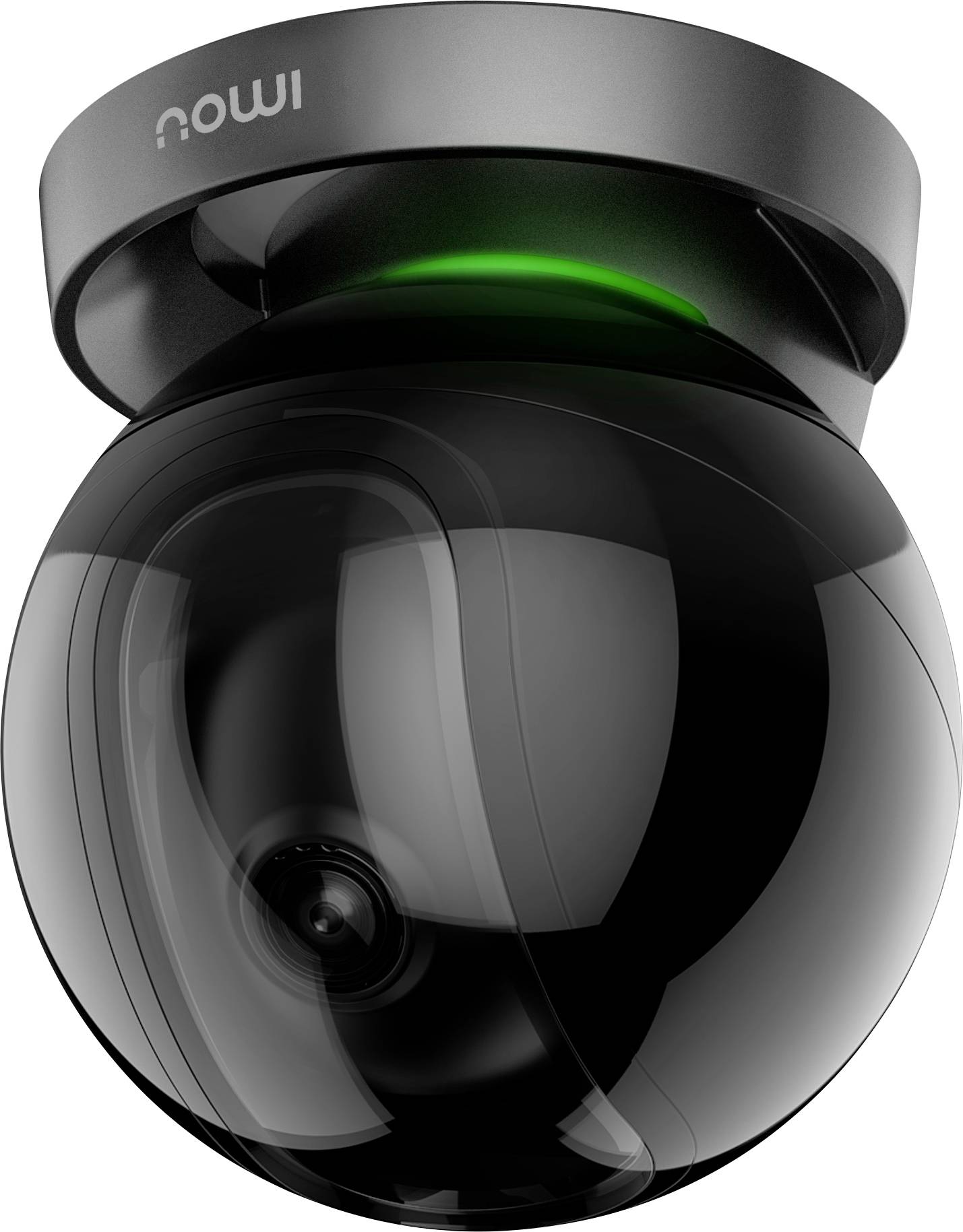 A black surveillance camera with a spherical design is mounted on the ceiling. A green light indicates its operation.