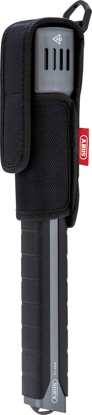 Black telescopic baton with grey handle in black holster.