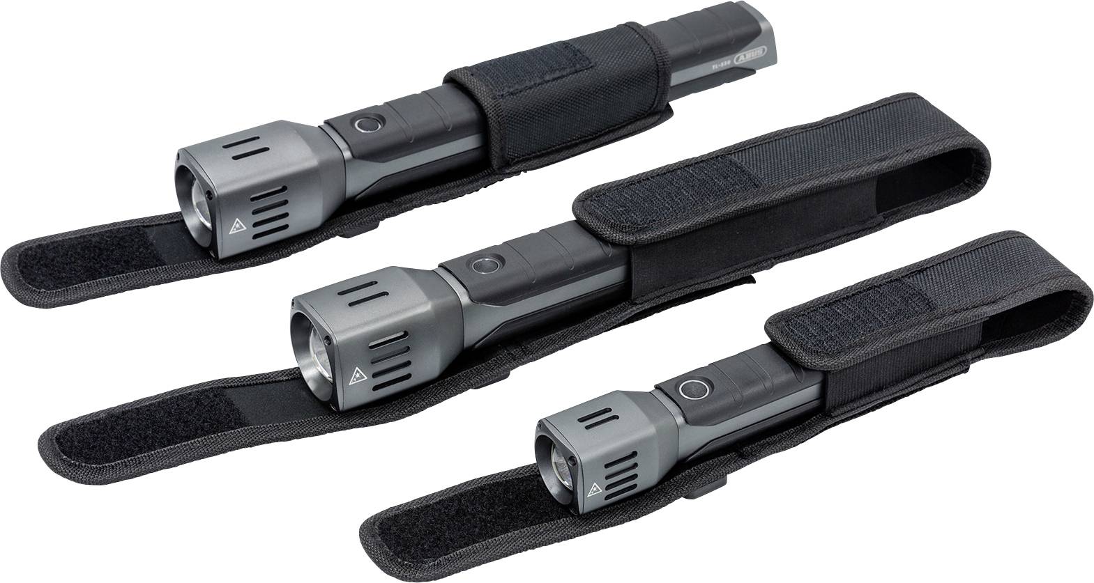 Three black torches with mounting brackets on a white background. They are arranged side by side and packaged in fabric sleeves.