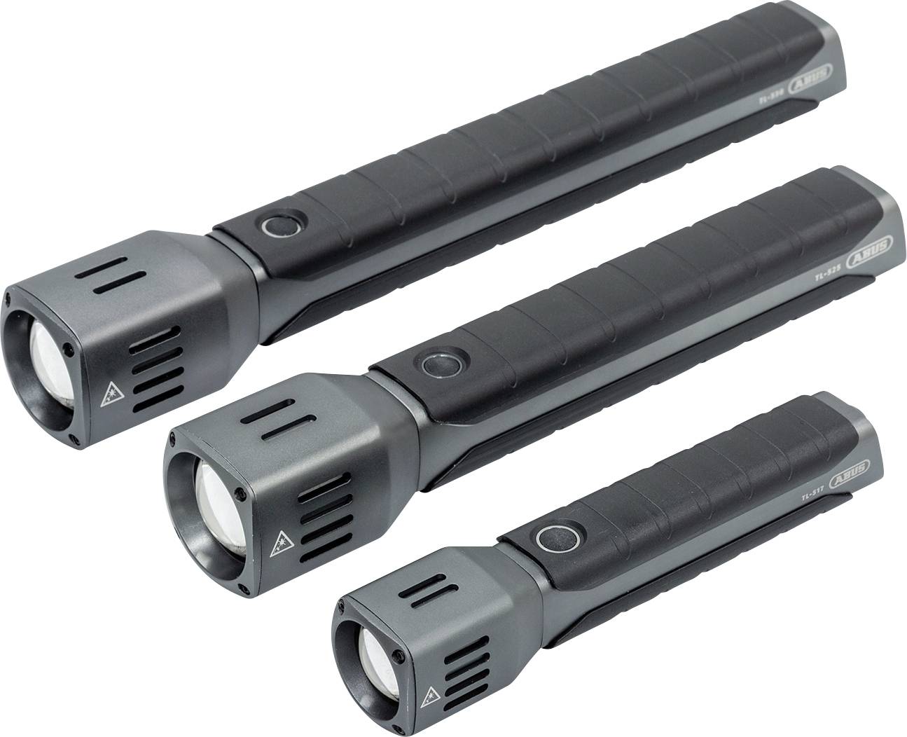 Three black torches of varying sizes, arranged horizontally side by side, with robust design and non-slip grip.