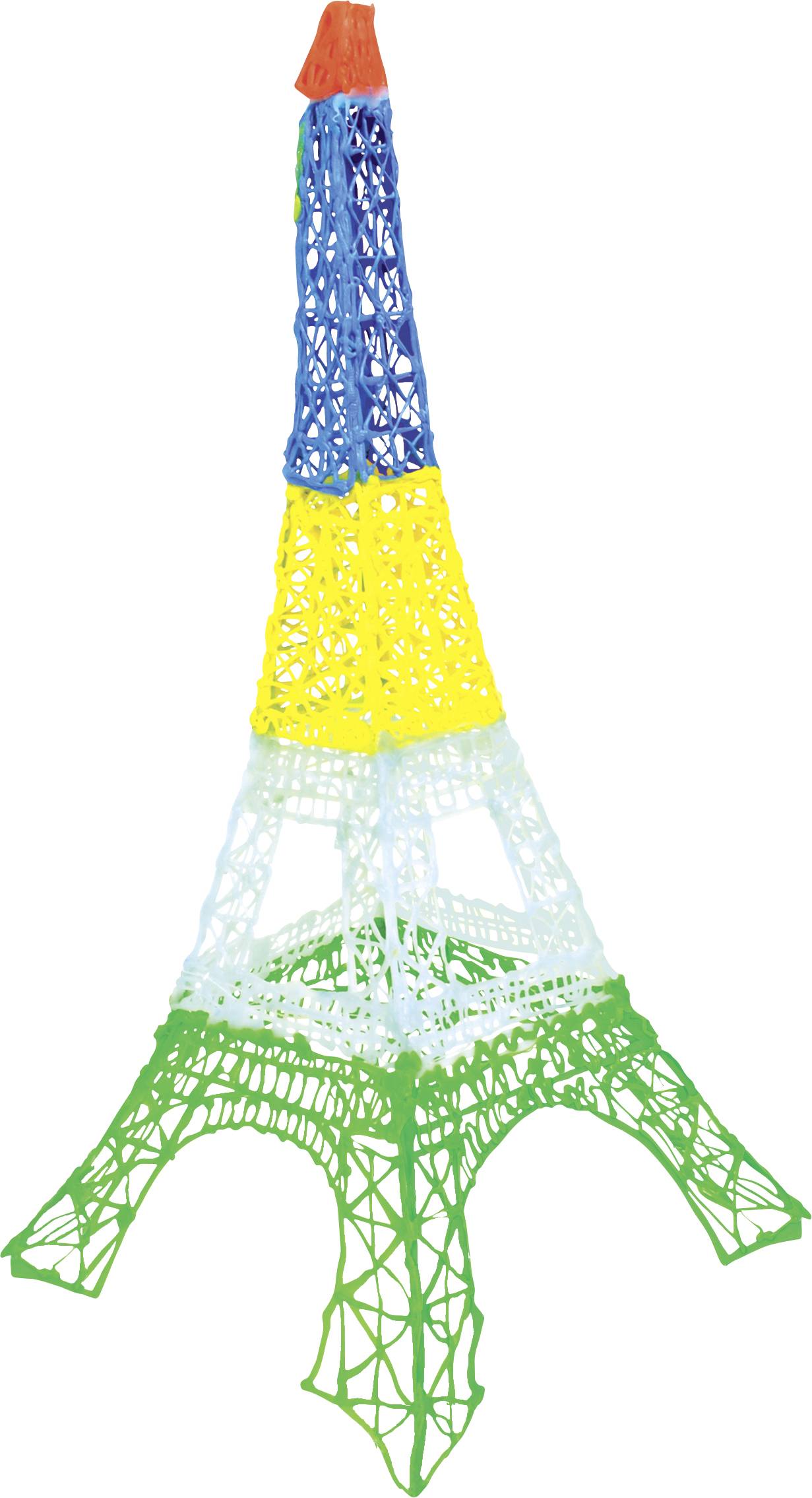 A small Eiffel Tower is made of colourful 3D-drawn plastic in blue, yellow, white and green, standing upright on a white background.