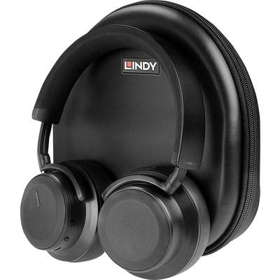 Black wireless headphones sit on a black hard-shell case. The 'LINDY' logo is located on top of the case.