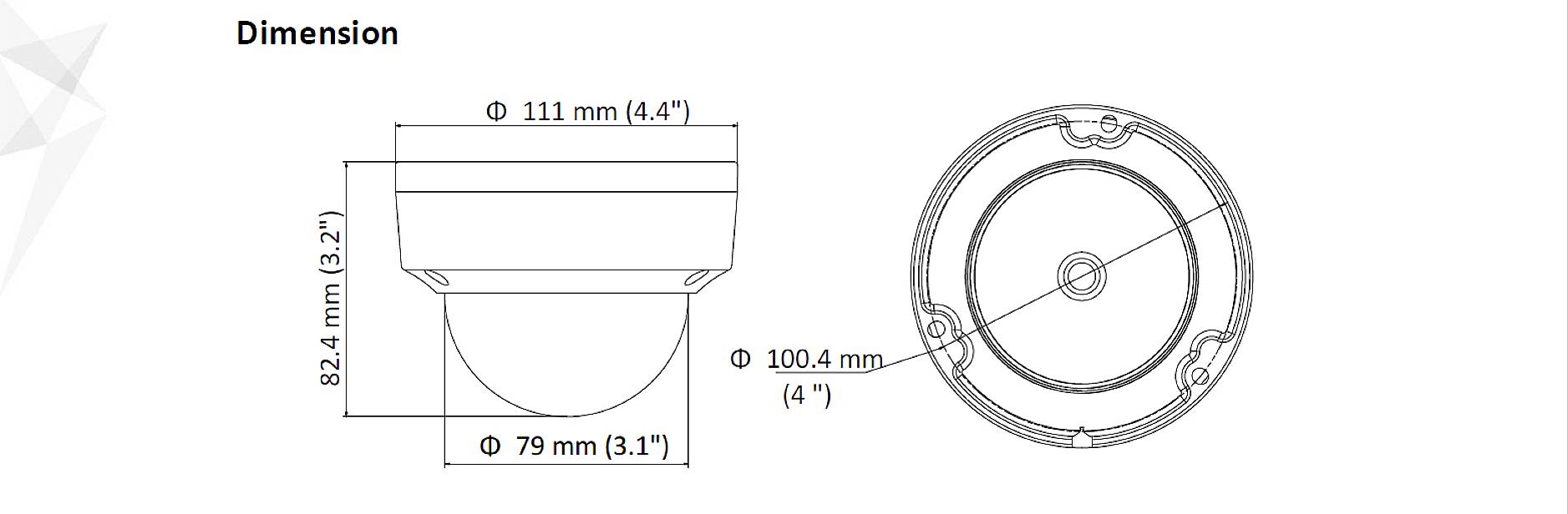 Drawing of the dimensions of a round camera. Diameter: 111 mm, Height: 82.4 mm. Shows front and side view.