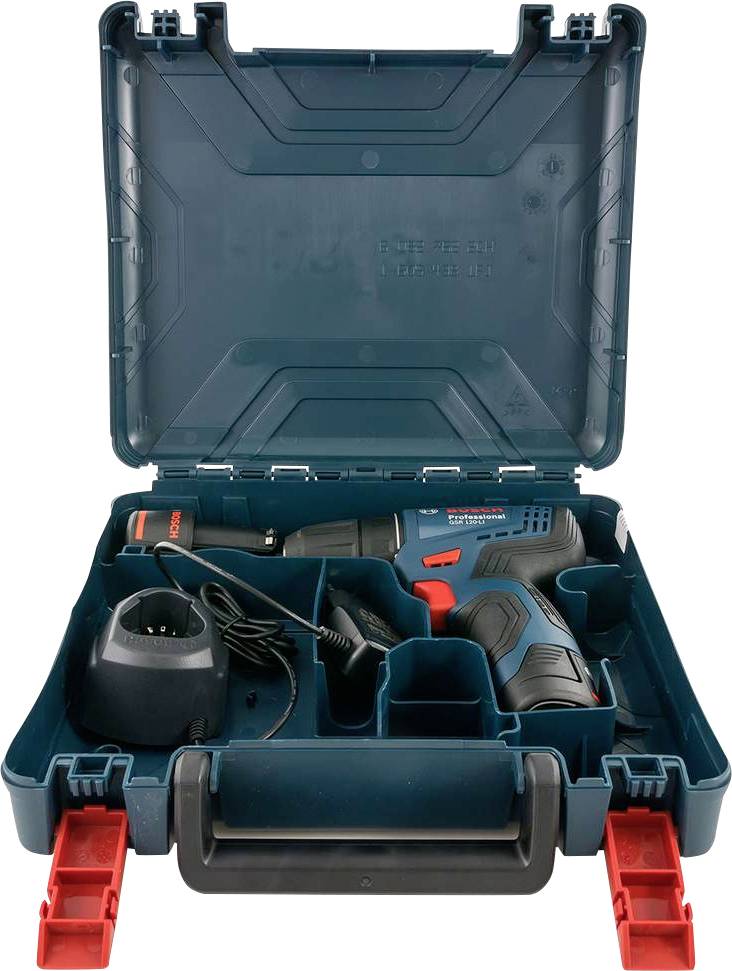 Cordless drill set in an open blue case, comprising a cordless drill, charger, and battery, on a red clip.