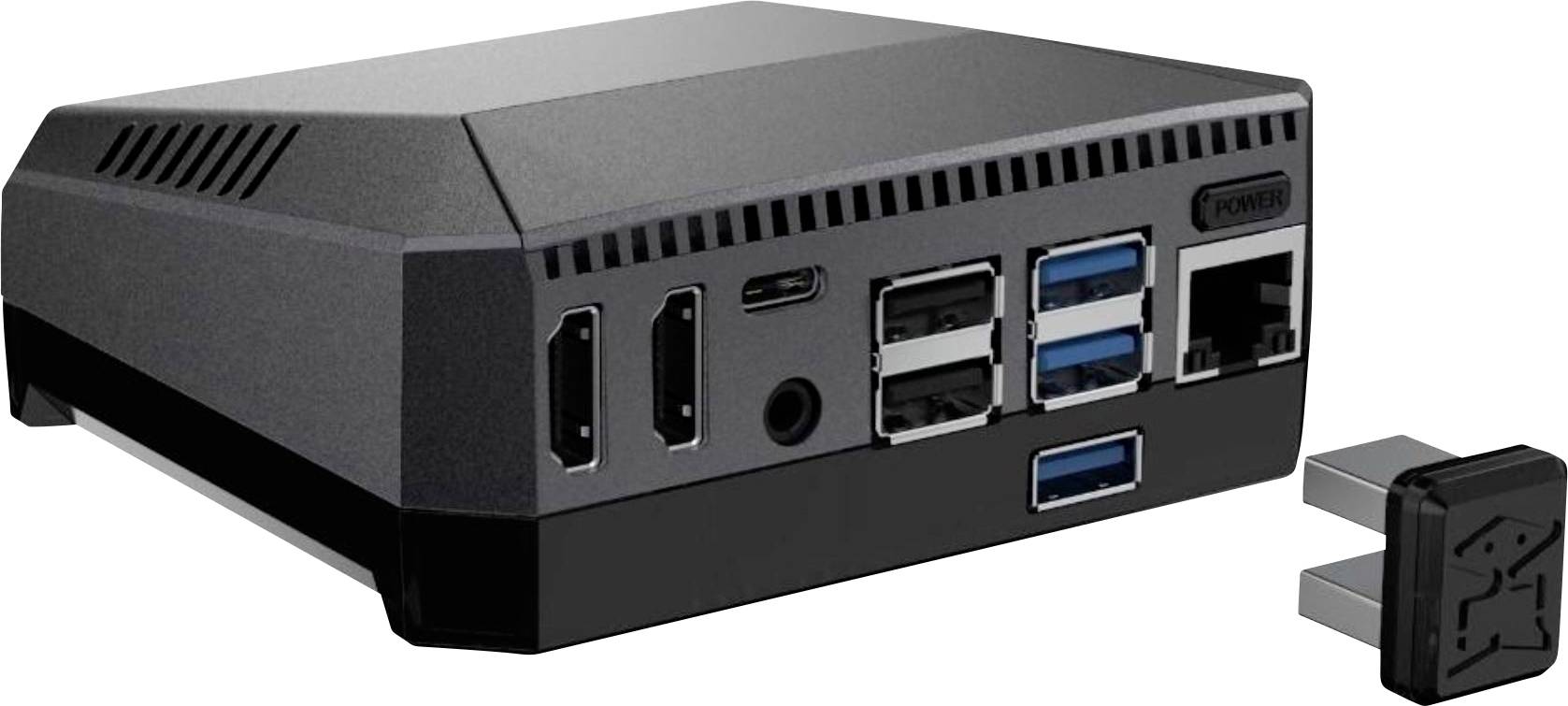 A compact mini PC with multiple ports: HDMI, USB-A, USB-C, Ethernet and audio. With additional USB dongles.