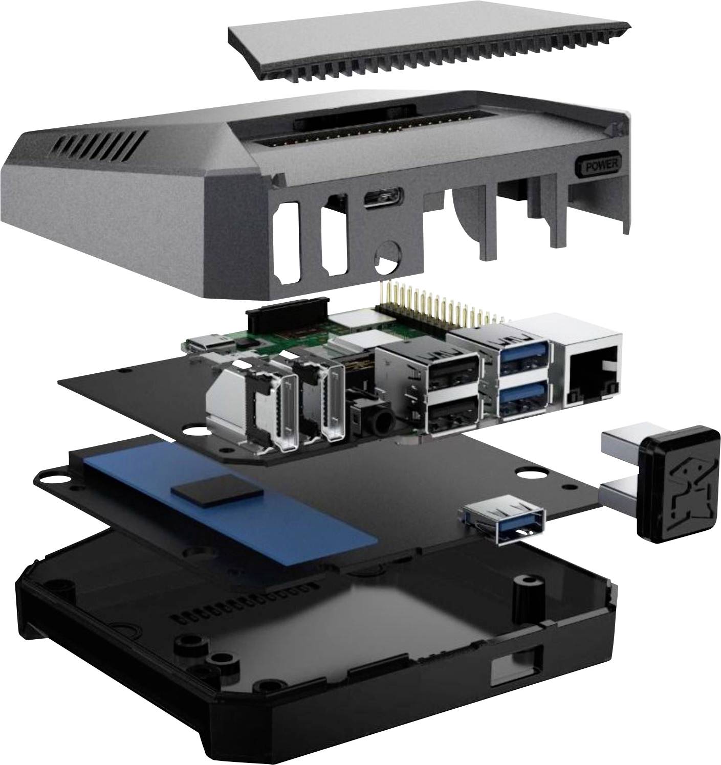 Exploded view diagram of a computer case with multiple components: lid, fans, motherboard with connectors, base plate, power supply unit.