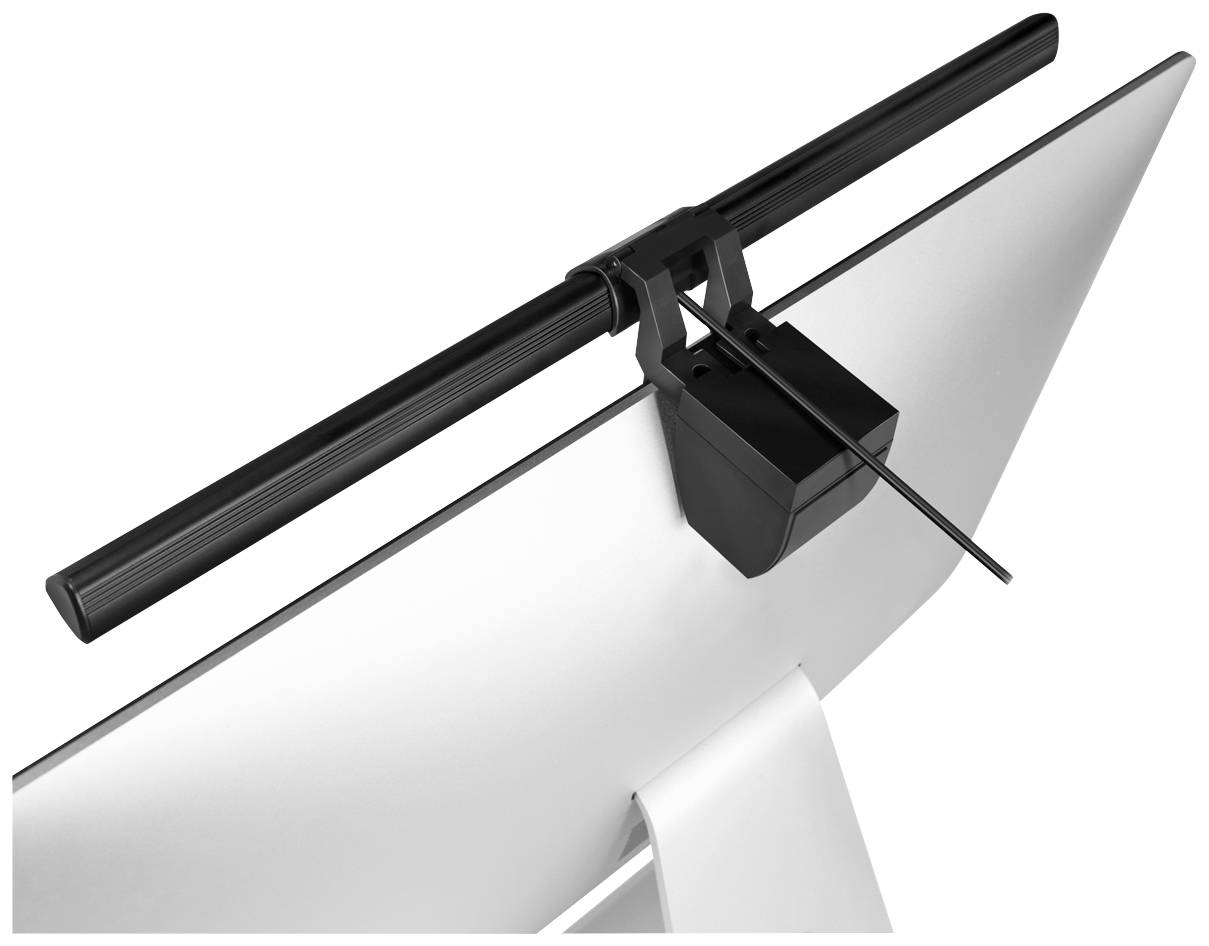A black monitor light is attached to the top of an angled, silver computer monitor.