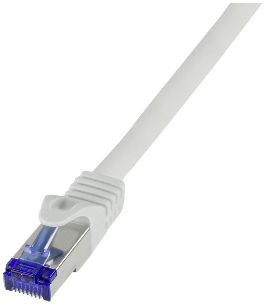 A white Ethernet cable with a blue RJ-45 connector, used to establish data connections in computer networks.