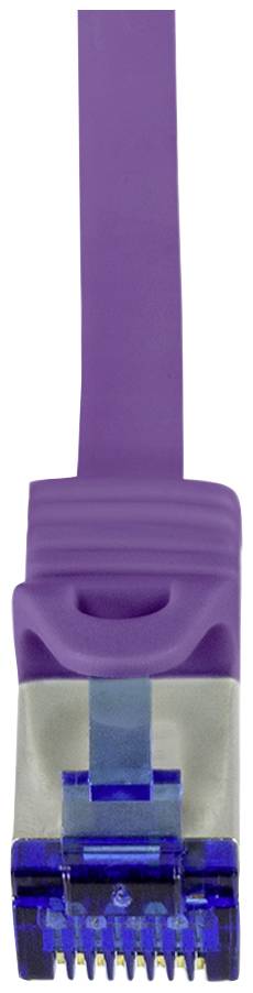 Lavender network cable with RJ45 connector, viewed from above.