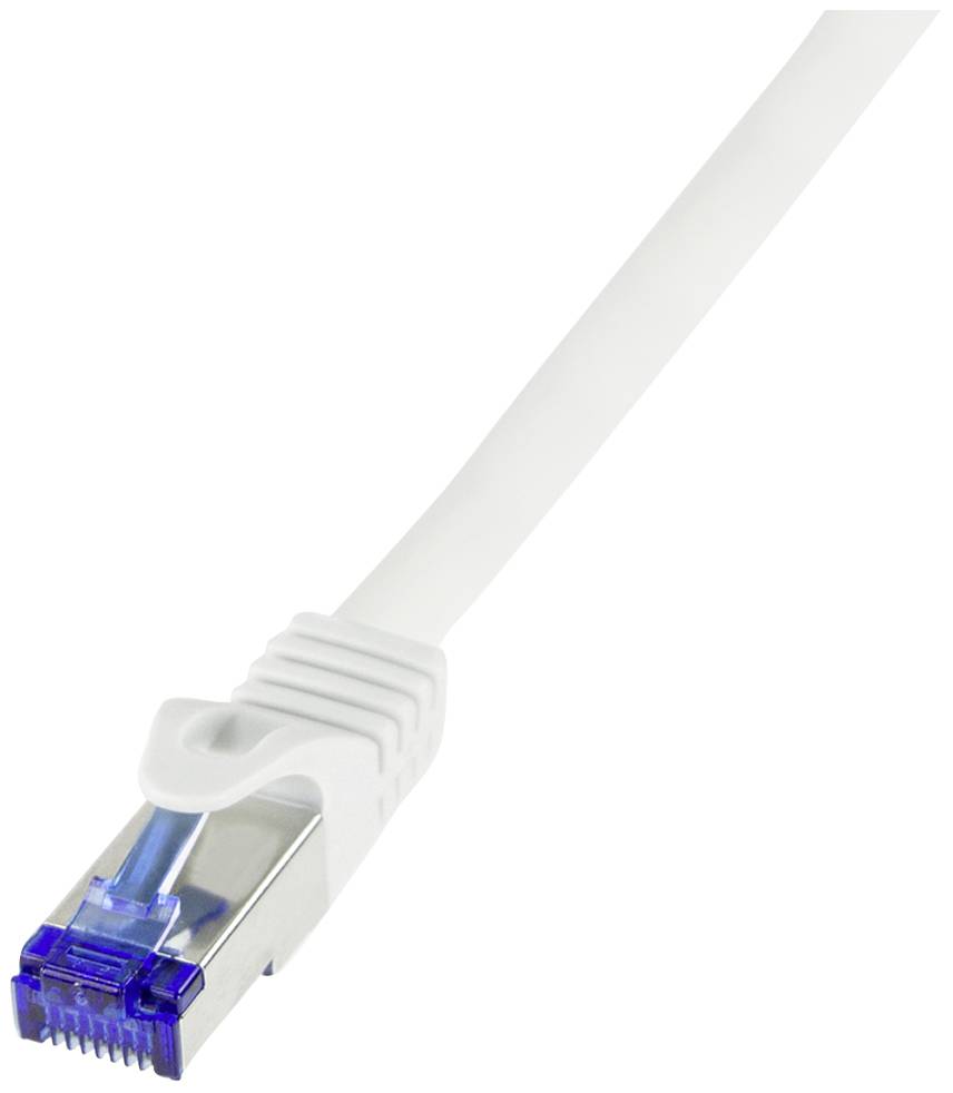White Ethernet cable with blue connector, used for network connection.