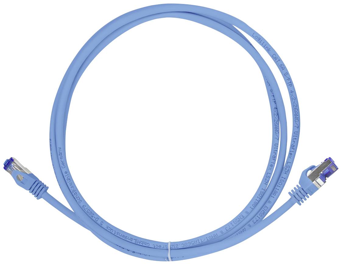 Blue Ethernet cable with RJ45 connectors, suitable for network connections and internet connections.