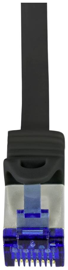 A black Ethernet cable with a blue, transparent plug.