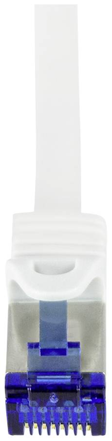 A blue RJ45 plug with transparent housing components, photographed from the front view, connected to a white flat cable.