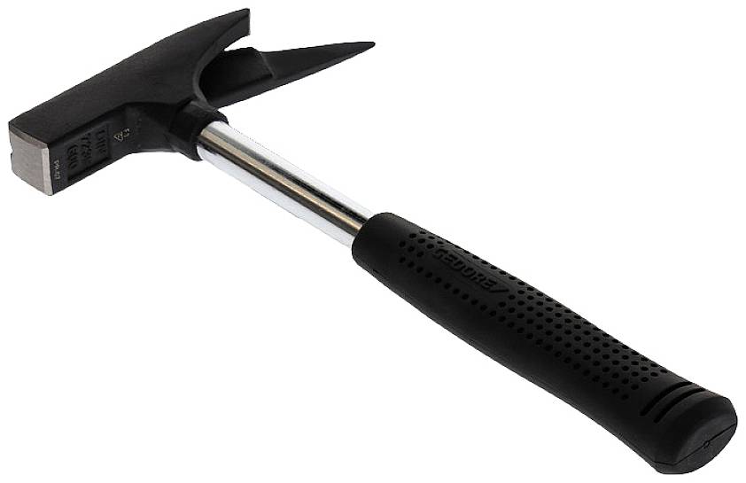 A carpenter's hammer with a black handle and silver shaft. The hammer has a flat striking surface and a pointed nail puller.