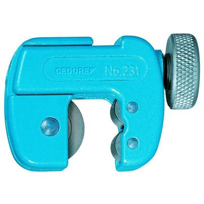 A blue pipe cutter with the inscription 'GEDORE No. 231'. The tool has a blade and a rotary knob for adjusting the length.