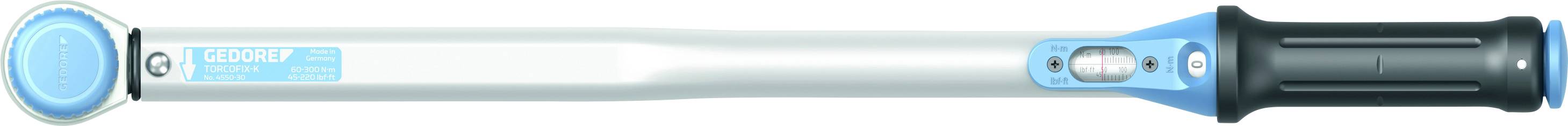 A light blue torque wrench, rectangular in shape with a black handle at the right-hand end, designed for precise tightening of screws.
