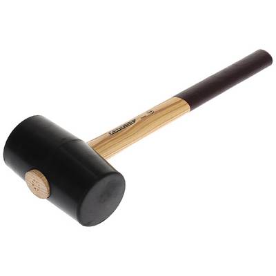 A rubber mallet with a black head and wooden handle lies on a white background. Ideal for gentle assembly and working.