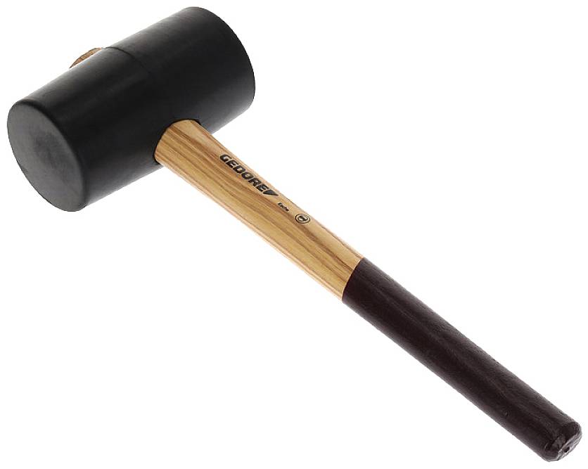 A black rubber mallet with a wooden handle, partially covered with a black sleeve.