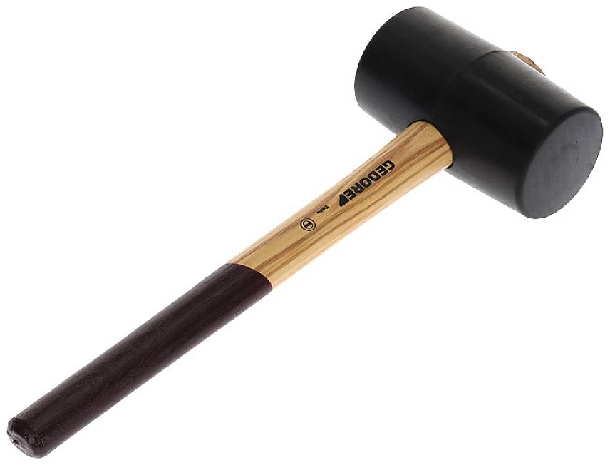 Rubber mallet with wooden handle, black head. Suitable for construction and DIY work.