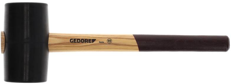 Rubber hammer with wooden handle, 'Gedore' brand, black heads, viewed from the side. Suitable for gentle material processing.