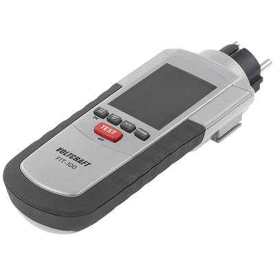 Portable measuring device with digital display, various buttons and measurement probe. Primary colour silver, model name 'VOLTCRAFT FIT-100'.