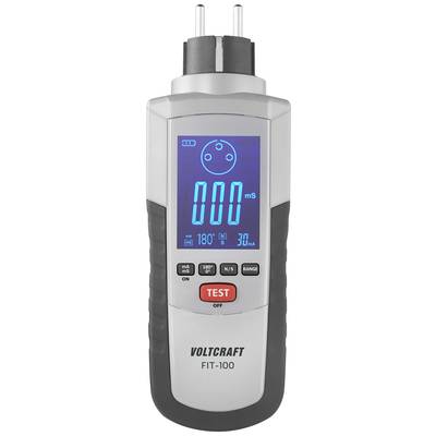 An electrical test probe with a blue display shows '000 mS'. A red button is labelled 'TEST'. Model: VOLTCRAFT FIT-100.