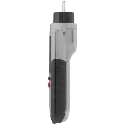 A grey, cordless screwdriver with a black handle and a red button on the grip.