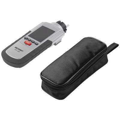 A portable digital measuring device with a display and 'Test' button next to a black zip-up case.