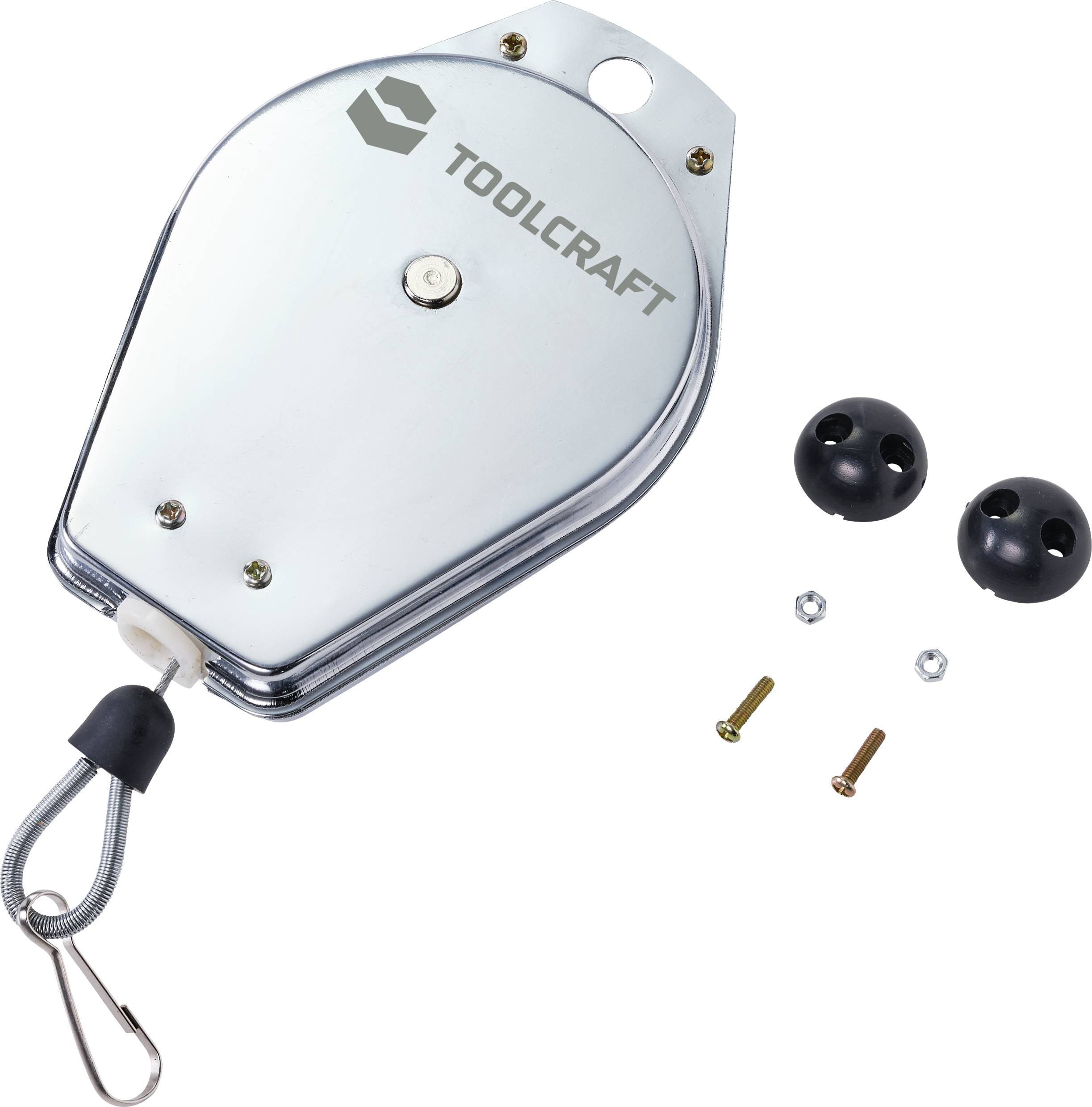 A silver rope pulley with a hook, two black balls, two screws and nuts. The tool is used for lifting or securing.