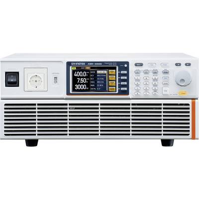 A laboratory power supply unit with a digital display showing voltage and current. Numerous control elements and connections.