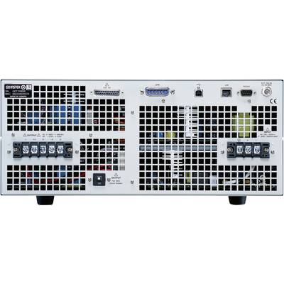 Rear view of a technical device with multiple outputs, grids, and ports; shows various connection options.
