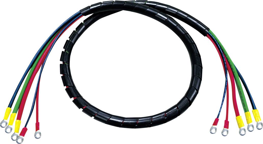 Cable protection sleeve with various coloured cables at both ends. Primary purpose: protection and organisation of cables.